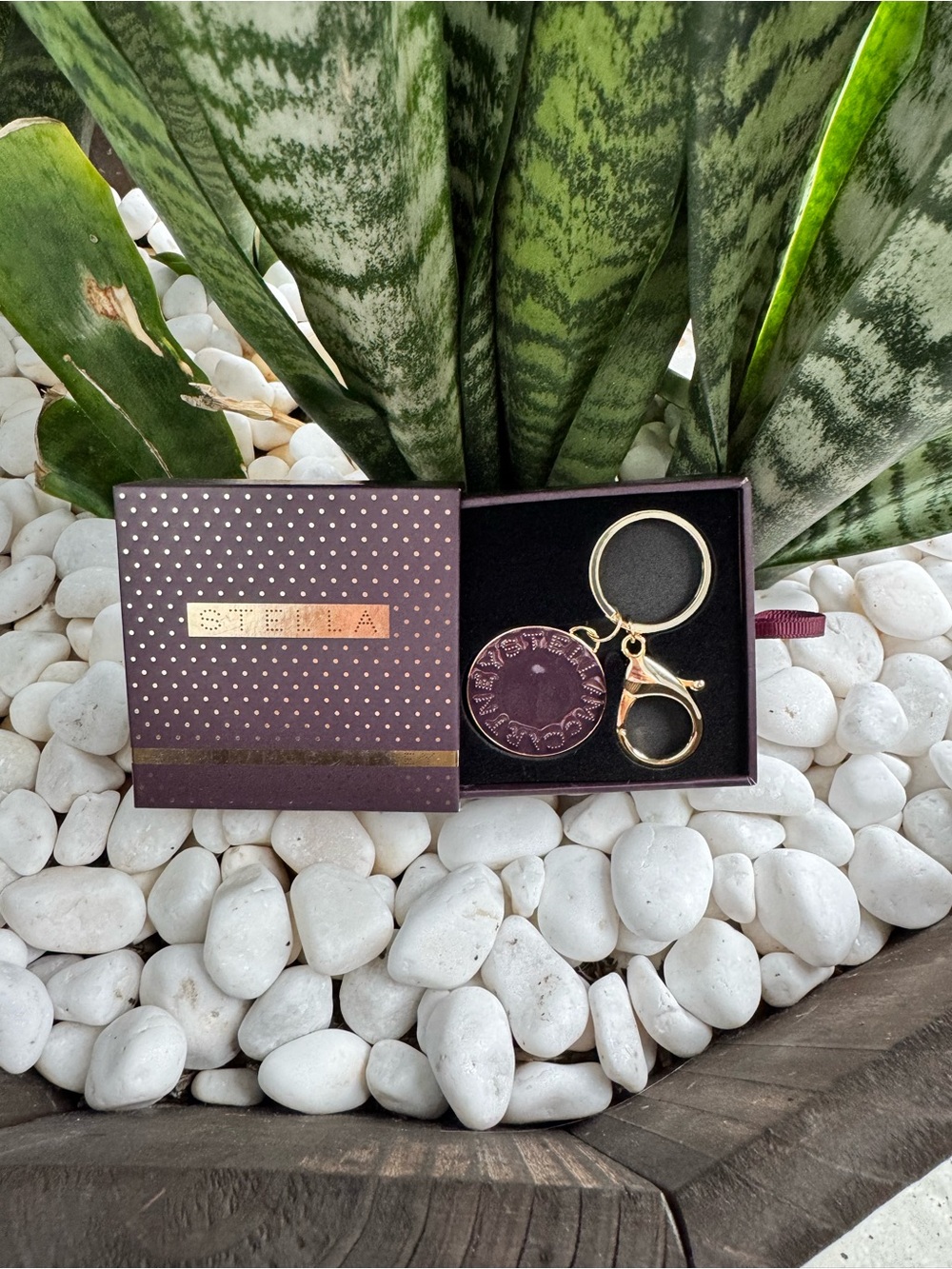 Stella McCartney Plum Logo Keychain Bag Charm Gold Tone NIB